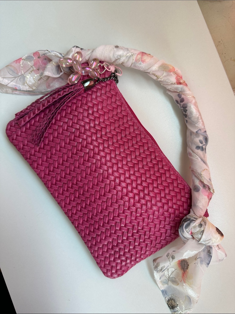 Genuine Leather Woven Pink Clutch Crossbody Scarf Handle
